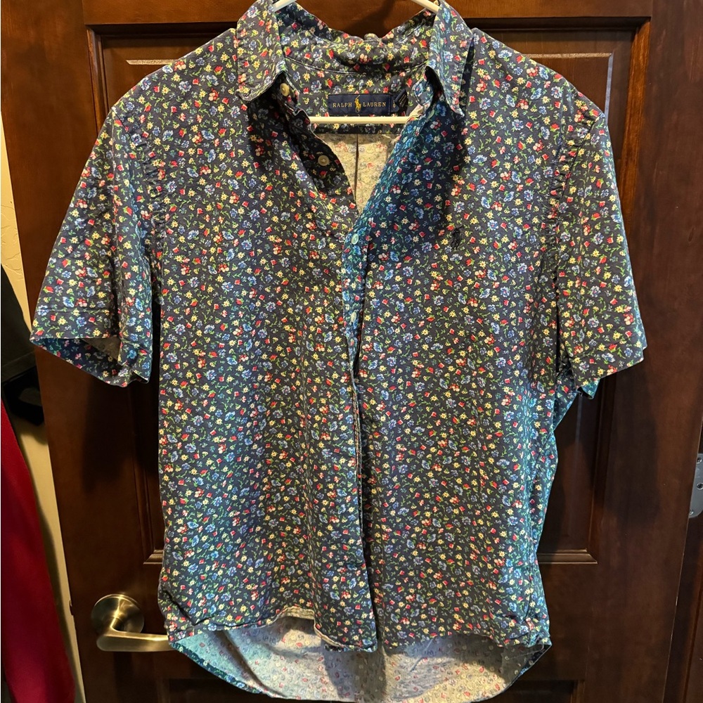 Ralph Lauren Navy Floral Short-Sleeve Button-Down Shirt with Multicolor Flowers
